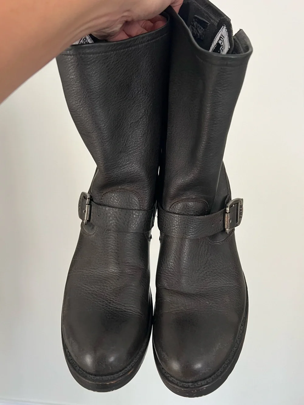 Frye Dark Brown Leather Engineer Boot with Buckle Accent